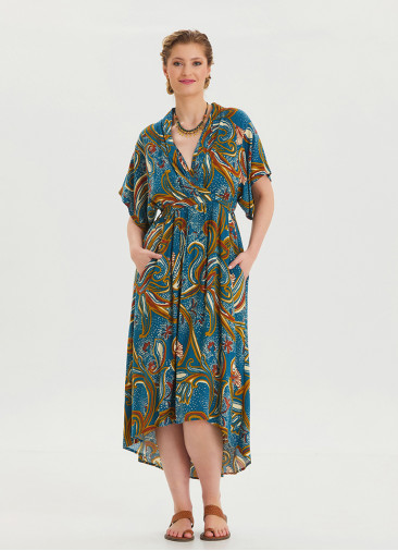 V Neck Gathered Detailed Petrol Floral Dress 4534